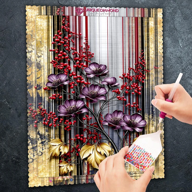 5D Diamond Painting – Blütenpoesie in Purpur & Gold