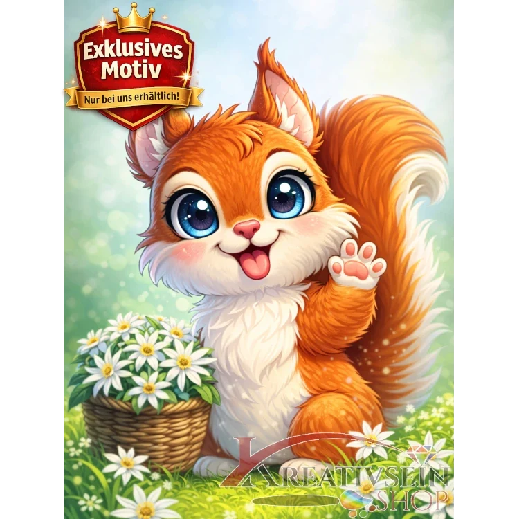 🐿️ Kawaii Diamond Painting Set „Süßes Eichhörnchen mit Edelweißkorb“ – Niedliches DIY Motiv
