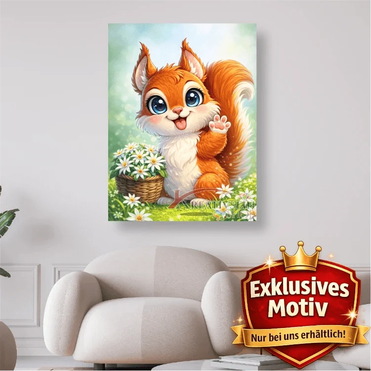 🐿️ Kawaii Diamond Painting Set „Süßes Eichhörnchen mit Edelweißkorb“ – Niedliches DIY Motiv