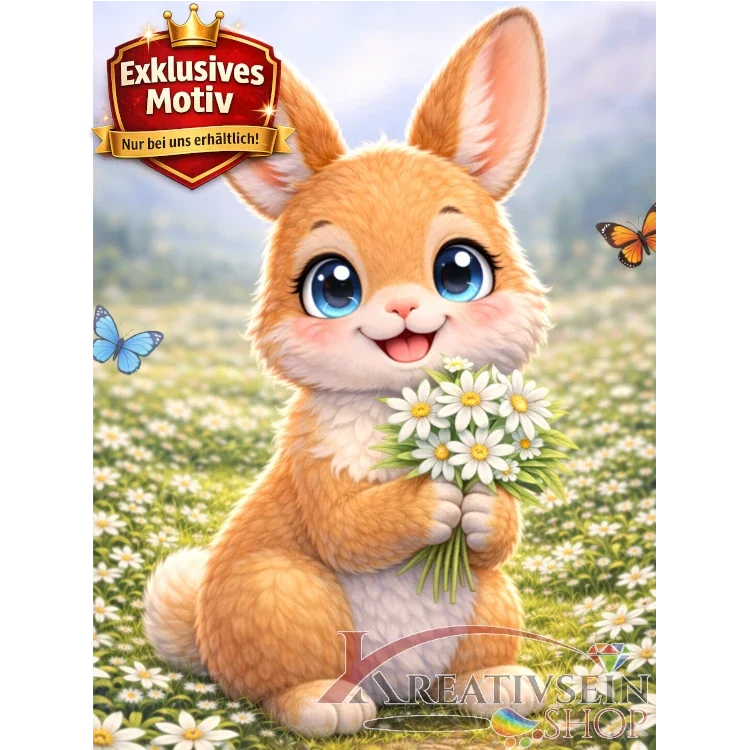 🐰 Kawaii Diamond Painting Set „Süßer Hase mit Edelweiß“ – Niedliches DIY Motiv