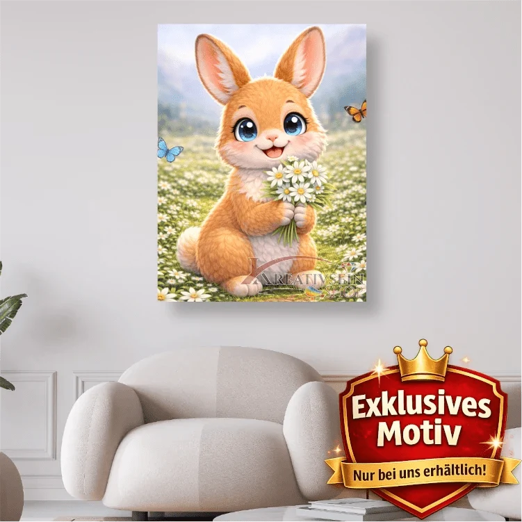🐰 Kawaii Diamond Painting Set „Süßer Hase mit Edelweiß“ – Niedliches DIY Motiv