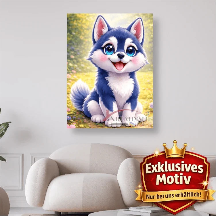 🐶 Kawaii Diamond Painting Set „Süßer Husky im Blütenfeld“ – Niedliches DIY Motiv