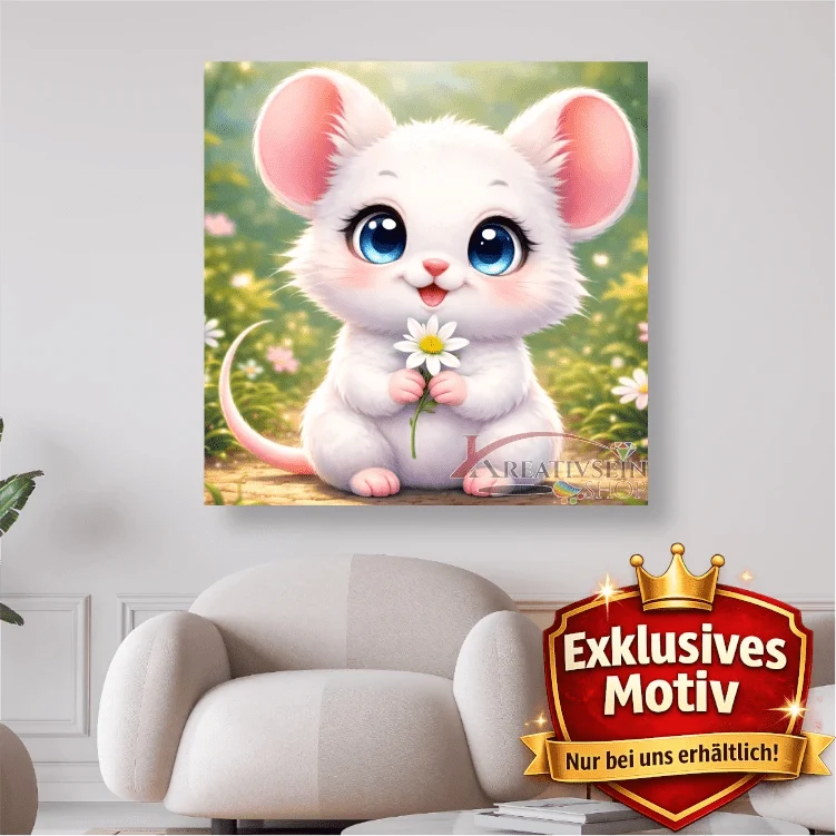 🐭 Kawaii Diamond Painting Set „Niedliche Maus mit Edelweiss“ – Süßes DIY Motiv