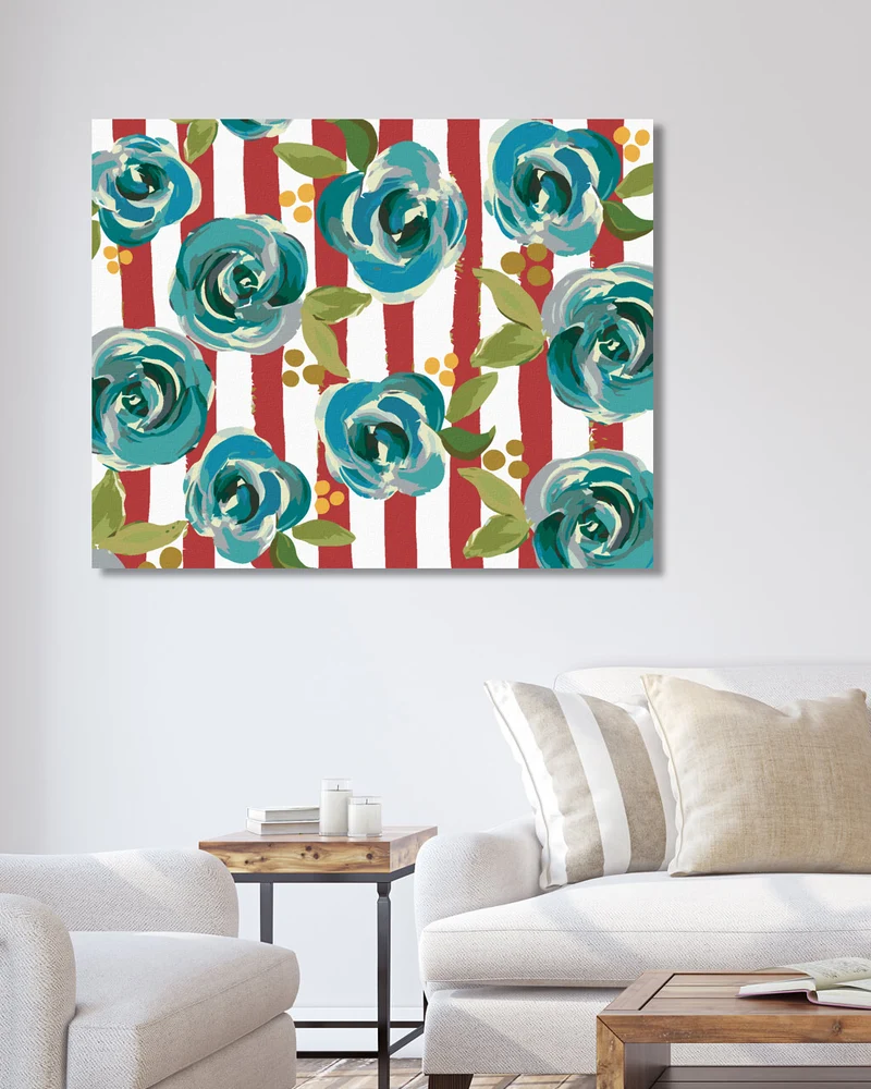 Diamond painting - STILLLEBEN MIT BLAUEN BLUMEN AUF WEISS-ROTEM HINTERGRUND (HALEY BUSH)