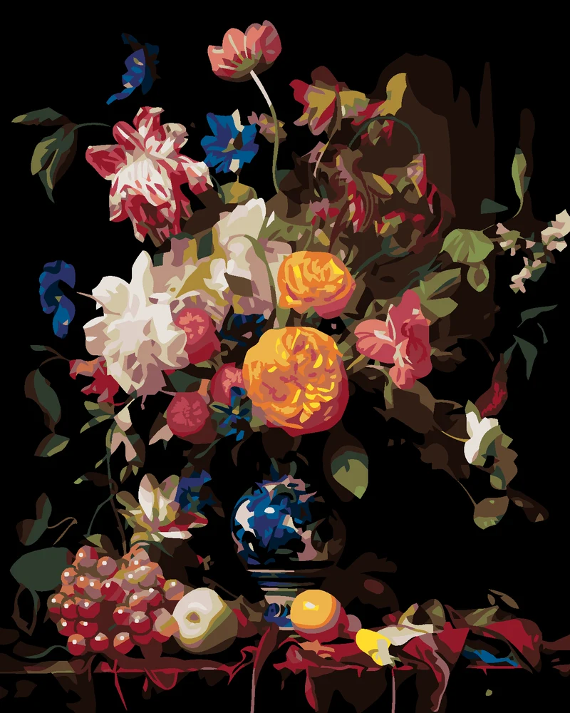 Diamond painting - STILLLEBEN BLUMENSTRAUSS IN EINER BEMALTEN VASE UND OBST