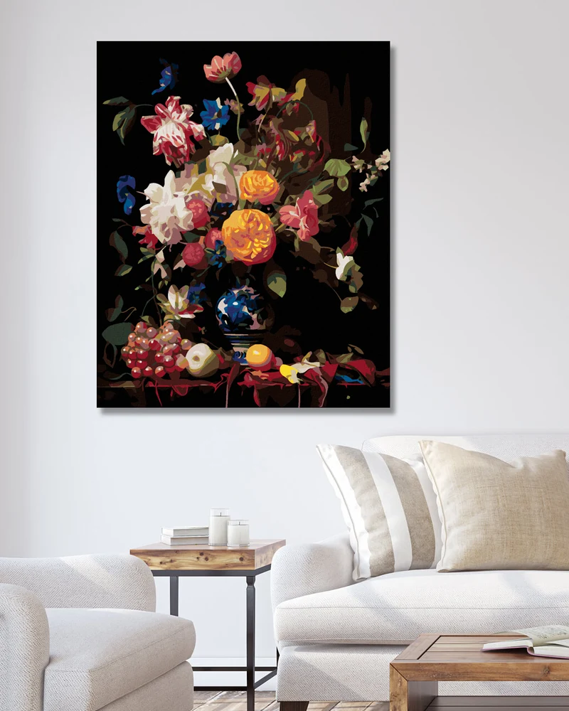 Diamond painting - STILLLEBEN BLUMENSTRAUSS IN EINER BEMALTEN VASE UND OBST