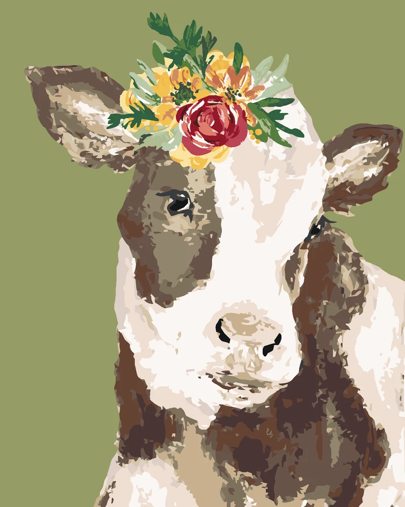 Diamond painting - KUH MIT BLUME AUF GRÜNEM HINTERGRUND (HALEY BUSCH)