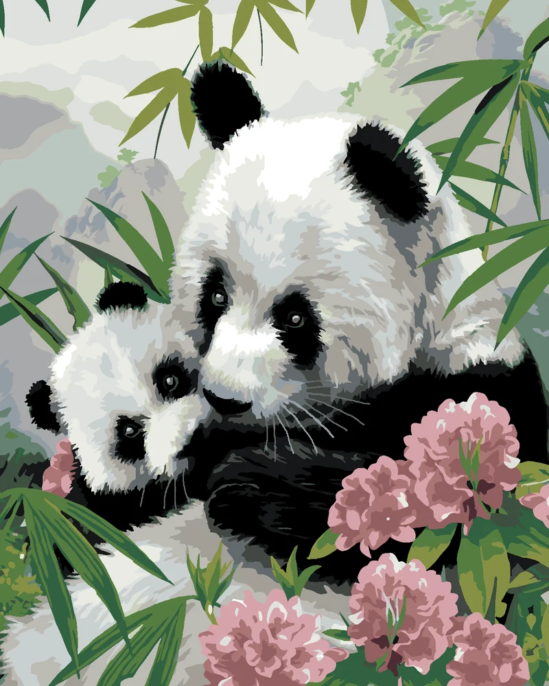 Diamond painting - PANDA MIT JUNGEM UND ROSA BLUMEN (HOWARD ROBINSON)