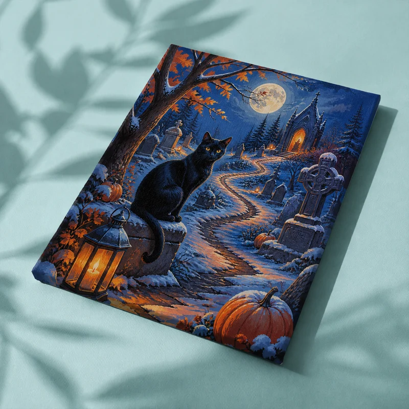Malen nach Zahlen – Die schwarze Katze im Winterfriedhof