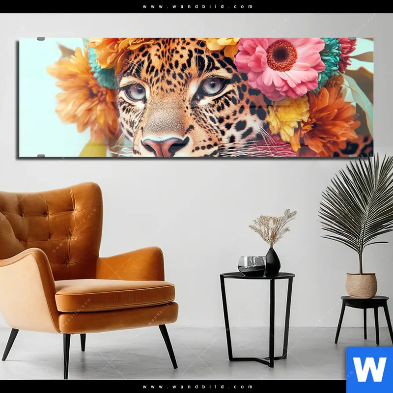 Acrylglasbild | Leopard mit Blütenkranz | Panorama