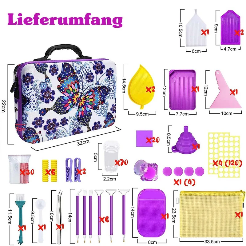 Diamond Painting Koffer Schmetterling mit 70 Fächer + Zubehör