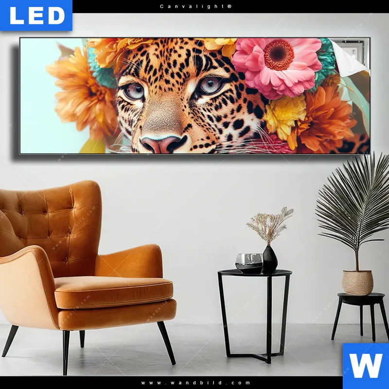 Canvalight® Leuchtbild | Leopard mit Blütenkranz | Panorama
