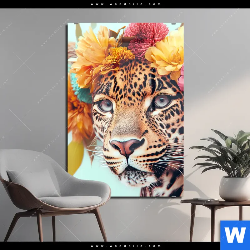 Acrylglasbild | Leopard mit Blütenkranz | Hochformat