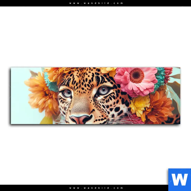 Leinwandbild | Leopard mit Blütenkranz | Panorama
