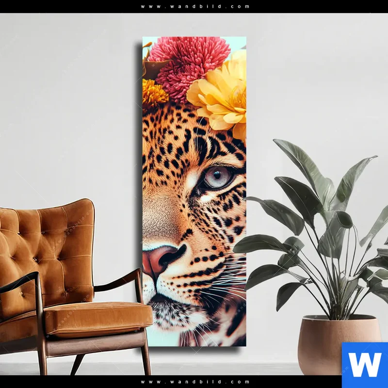 Leinwandbild | Leopard mit Blütenkranz | Schmal