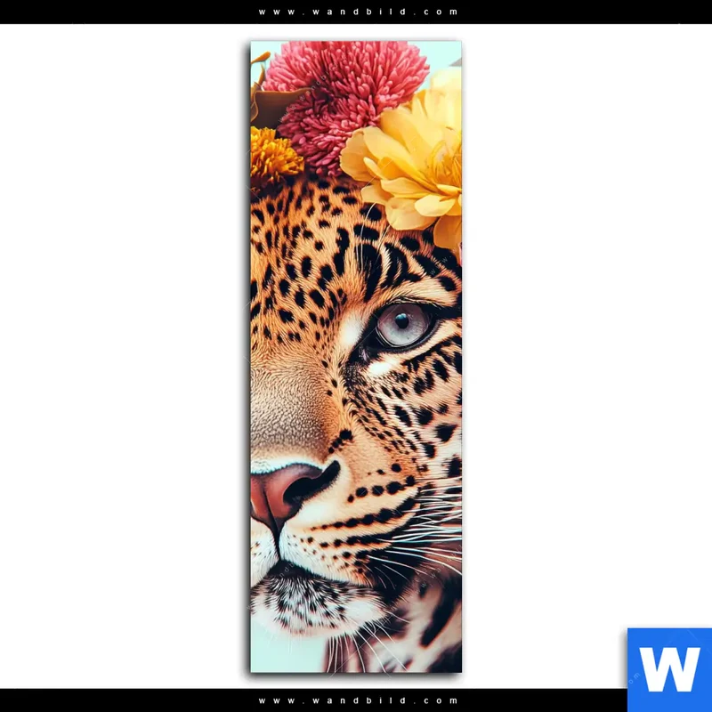 Leinwandbild | Leopard mit Blütenkranz | Schmal