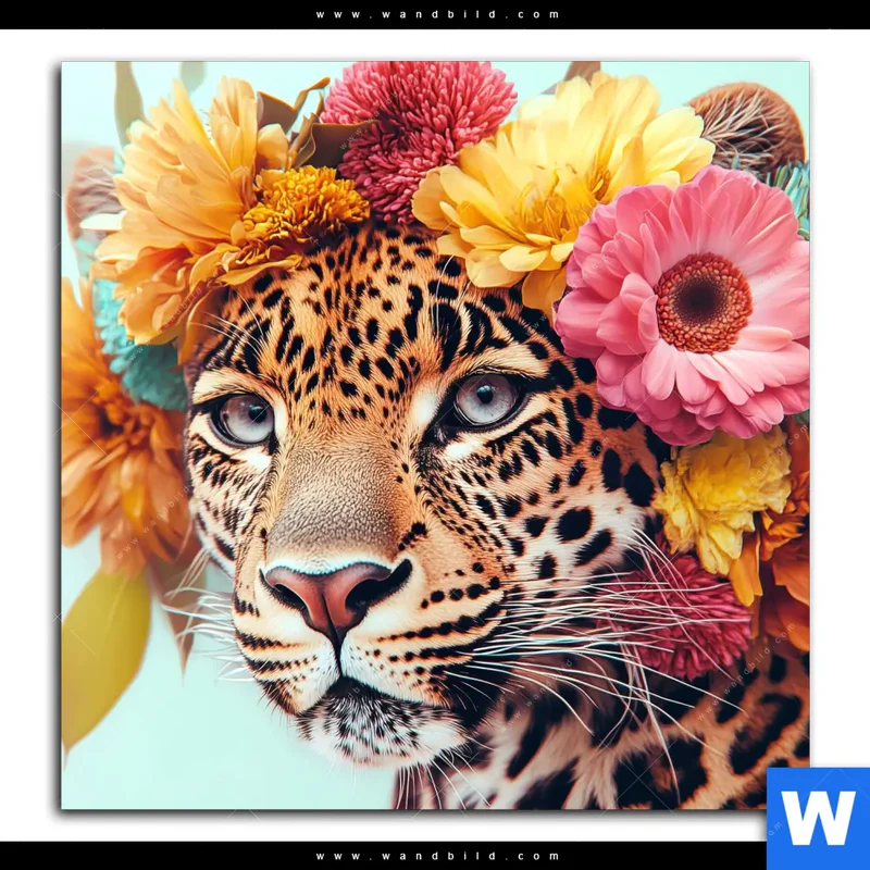 Poster | Leopard mit Blütenkranz | Quadrat