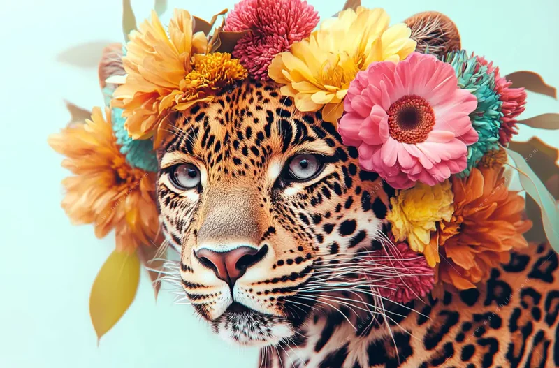 Poster | Leopard mit Blütenkranz | Quadrat