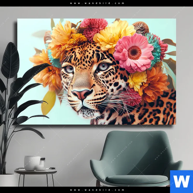 Leinwandbild | Leopard mit Blütenkranz | Querformat