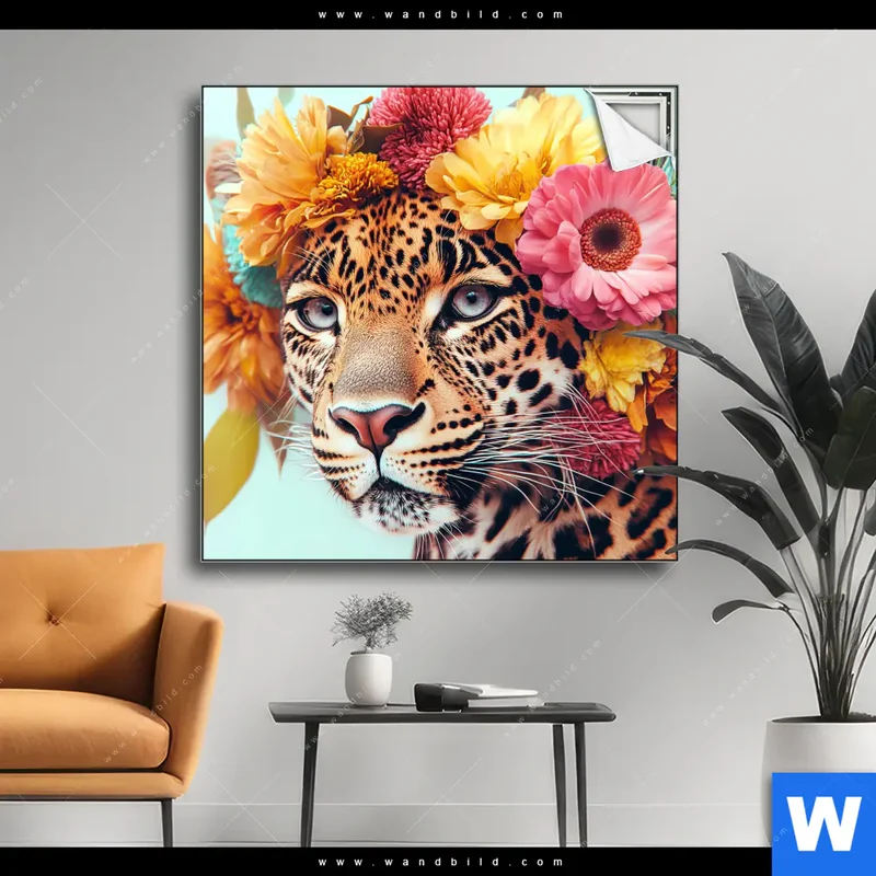 Spannbild | Leopard mit Blütenkranz | Quadrat