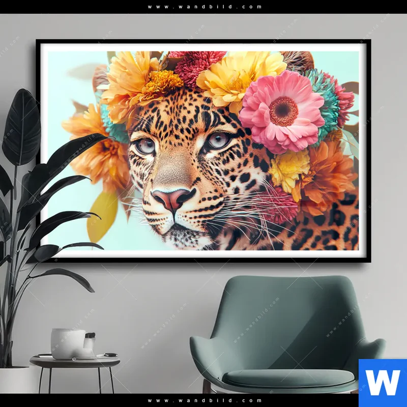 Poster | Leopard mit Blütenkranz | Querformat