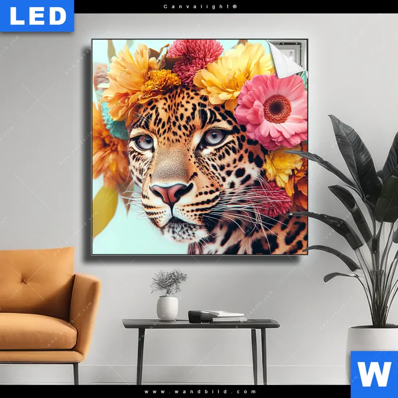 Canvalight® Leuchtbild | Leopard mit Blütenkranz | Quadrat