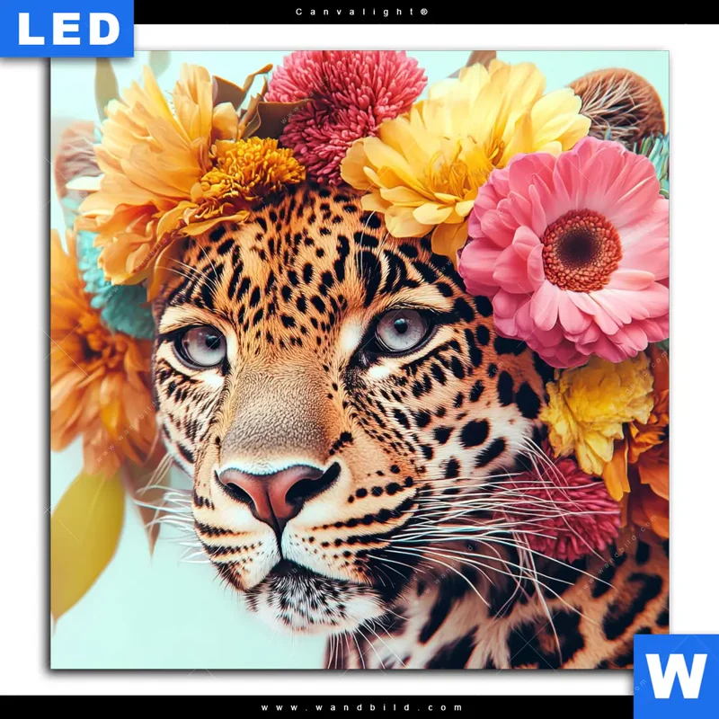Canvalight® Leuchtbild | Leopard mit Blütenkranz | Quadrat