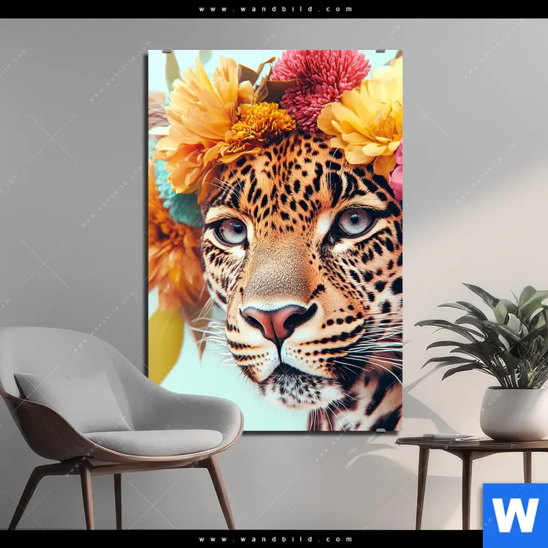 Aluminiumbild gebürstet | Leopard mit Blütenkranz | Hochformat