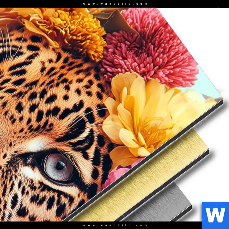 Aluminiumbild gebürstet | Leopard mit Blütenkranz | Hochformat