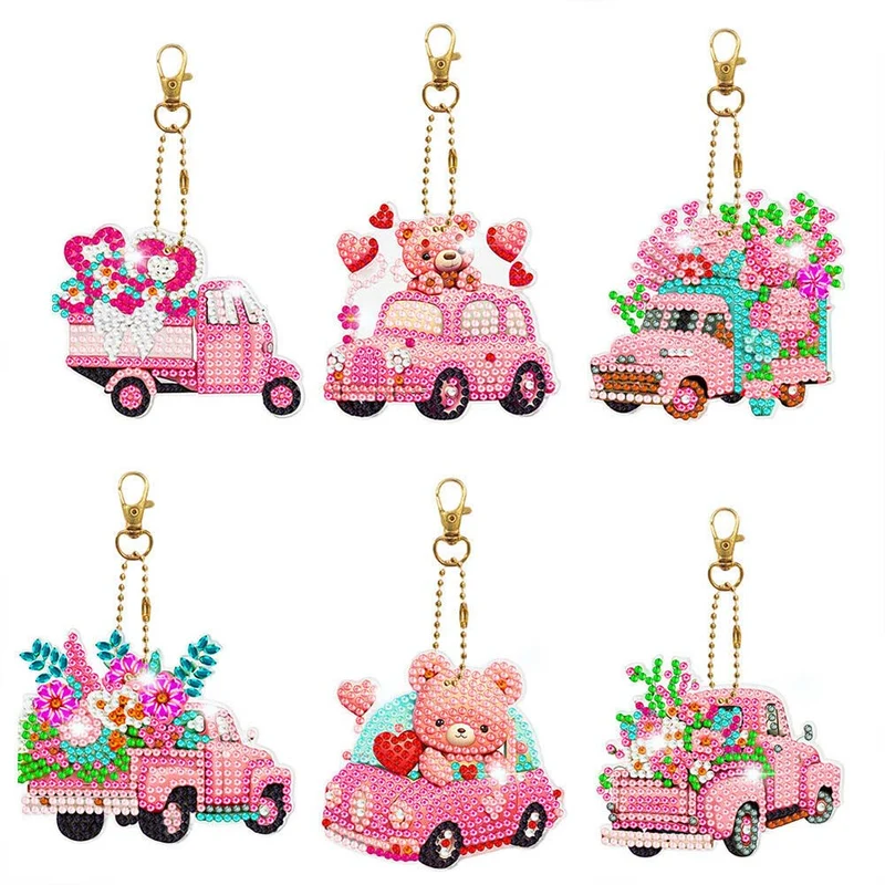 5D Diamond Painting Schlüsselanhänger Rosa Wagen 6 Stück