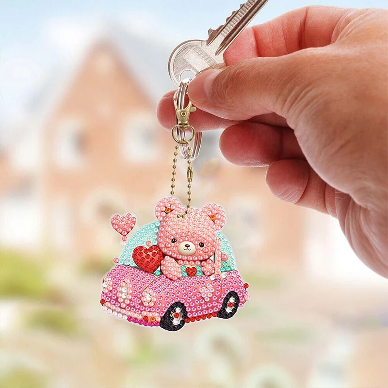 5D Diamond Painting Schlüsselanhänger Rosa Wagen 6 Stück