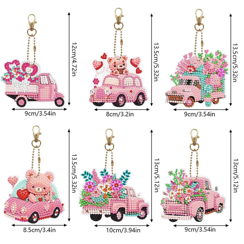 5D Diamond Painting Schlüsselanhänger Rosa Wagen 6 Stück