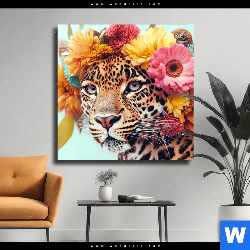 Leinwandbild | Leopard mit Blütenkranz | Quadrat
