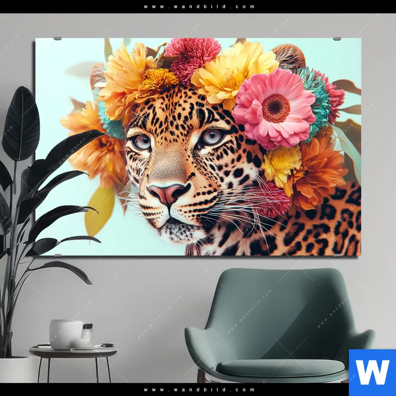 Aluminiumbild gebürstet | Leopard mit Blütenkranz | Querformat