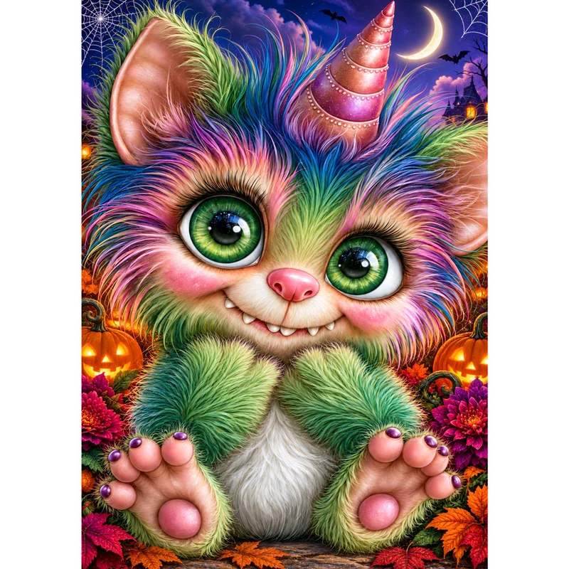 5D Diamond Painting – Kleines Regenbogenmonster im Halloweenzauber