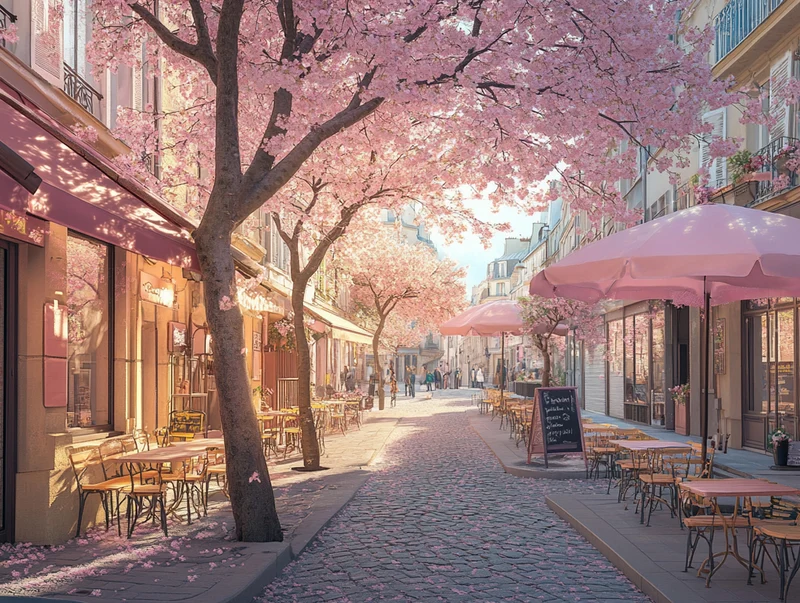 Parisian Café Under Cherry Blossoms