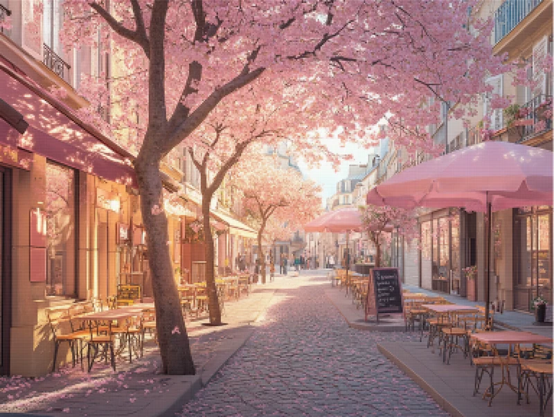 Parisian Café Under Cherry Blossoms