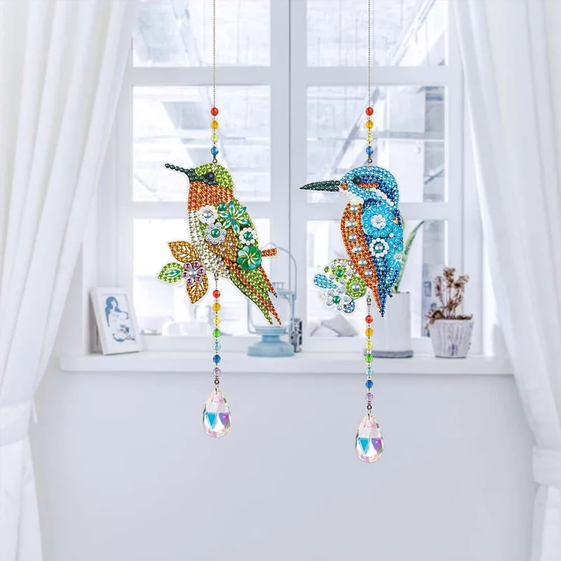 5D Diamond Painting Kristall-Windspiel – Farbenfrohe Vögel im Doppelset
