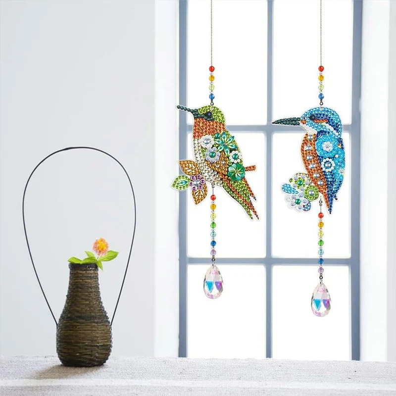 5D Diamond Painting Kristall-Windspiel – Farbenfrohe Vögel im Doppelset