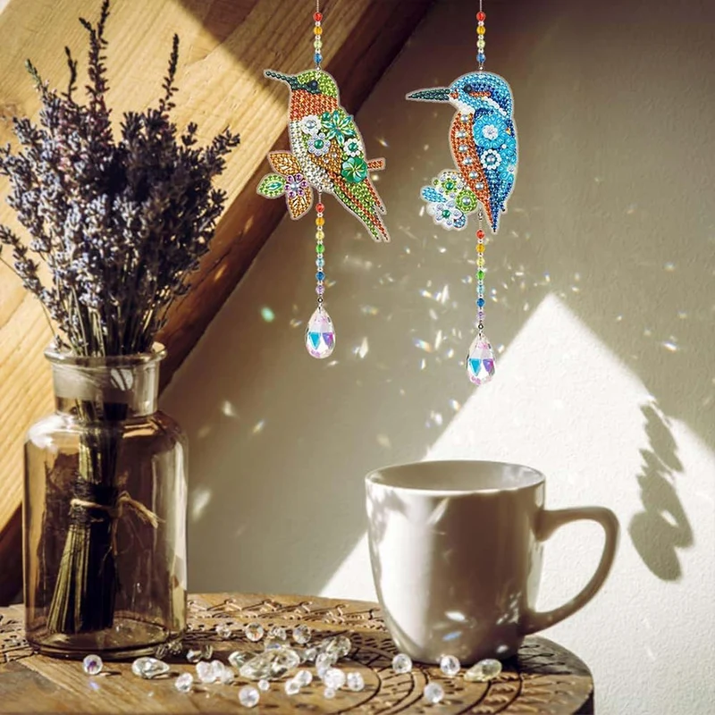 5D Diamond Painting Kristall-Windspiel – Farbenfrohe Vögel im Doppelset