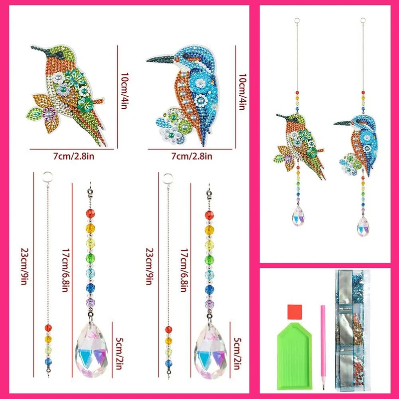 5D Diamond Painting Kristall-Windspiel – Farbenfrohe Vögel im Doppelset