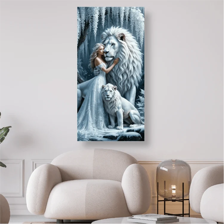 Weisse Löwen mit Frau - 5D DIY Diamond Painting