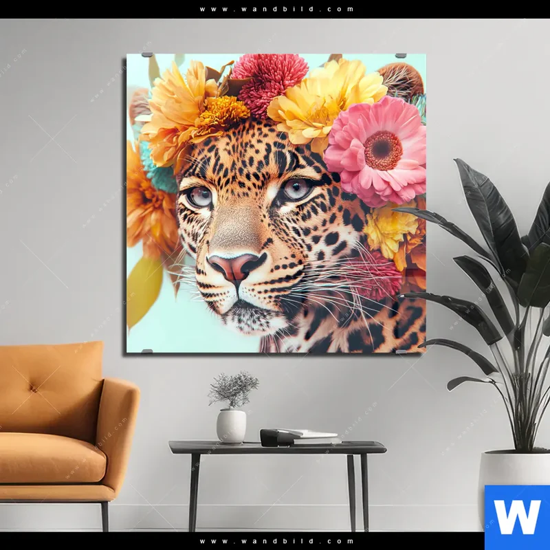 Acrylglasbild | Leopard mit Blütenkranz | Quadrat