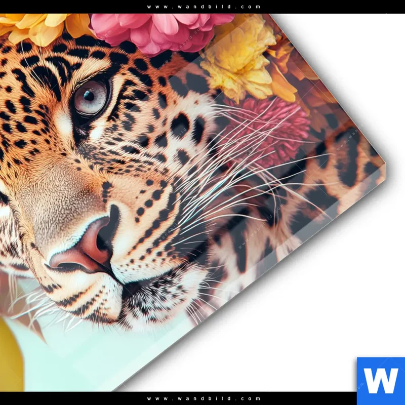 Acrylglasbild | Leopard mit Blütenkranz | Quadrat