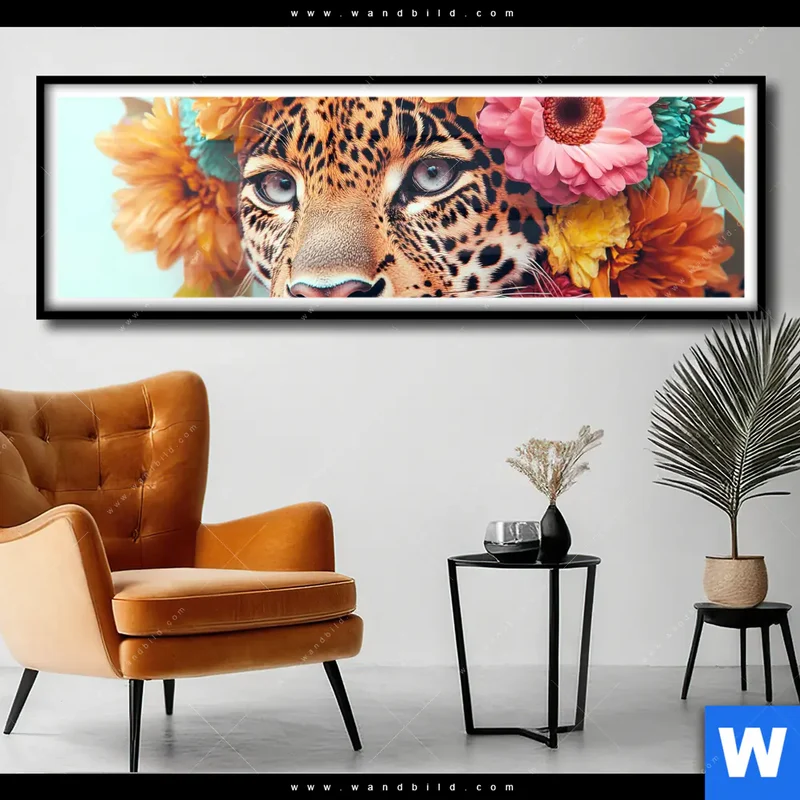 Poster | Leopard mit Blütenkranz | Panorama