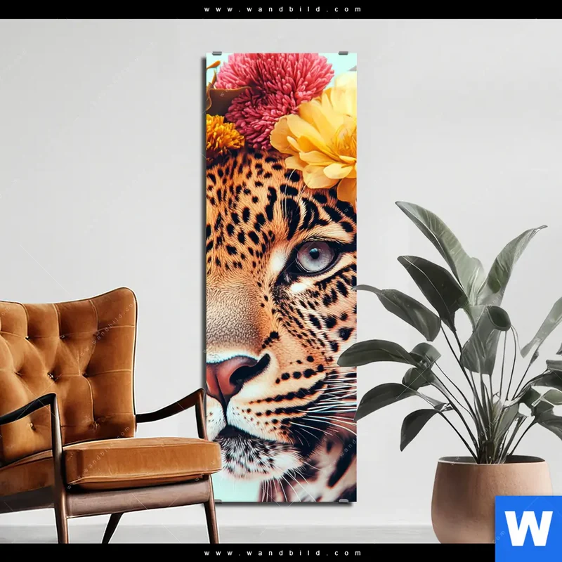 Alu-Dibond Bild | Leopard mit Blütenkranz | Schmal