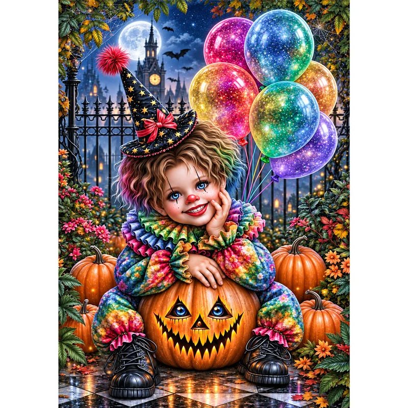 5D Diamond Painting – Kleiner Halloween-Clown im Kürbisgarten
