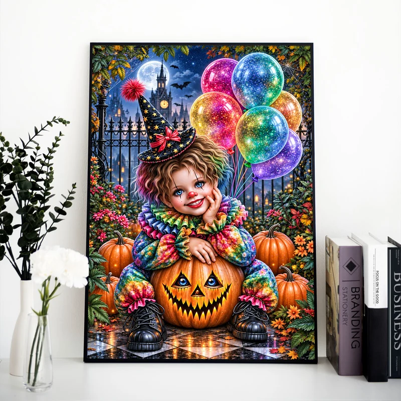5D Diamond Painting – Kleiner Halloween-Clown im Kürbisgarten