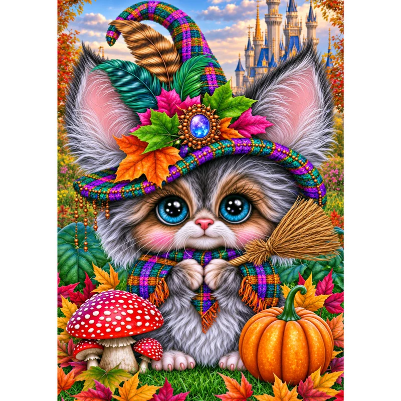 5D Diamond Painting – Kleine Herbsthexe im Zaubergarten