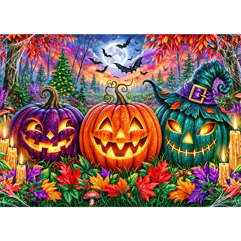 5D Diamond Painting – Kürbislichter im verzauberten Herbstwald